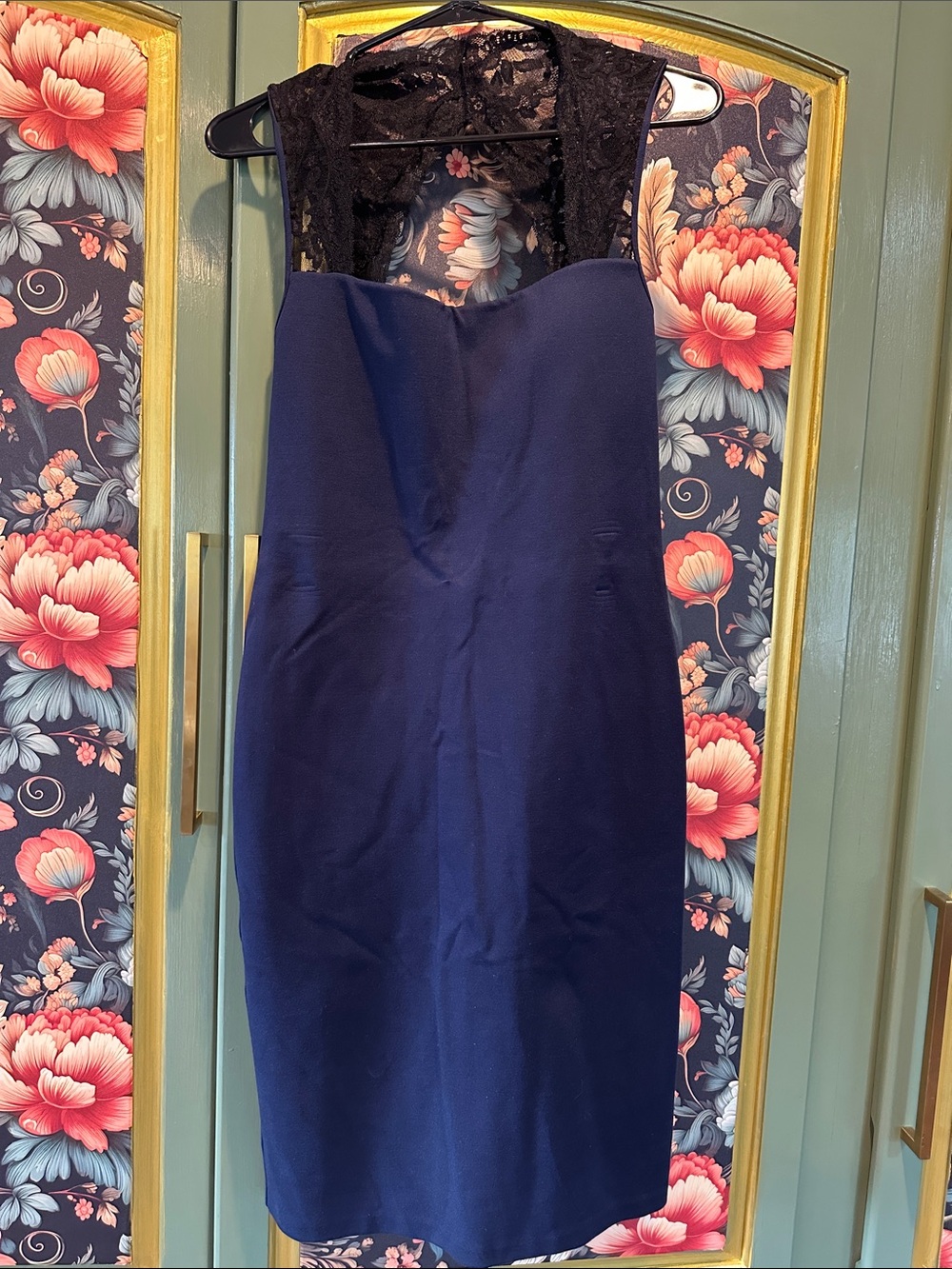Moda International Navy Pencil dress with Black Lace Back and bodice